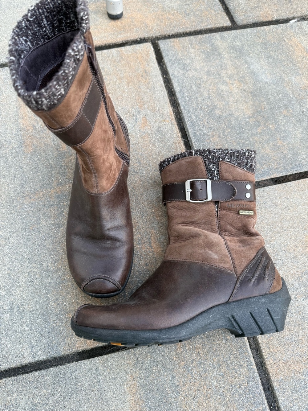 Merrell size 6 Women's Brown Leather Mid-Calf Wedge Boots with Knit Cuff